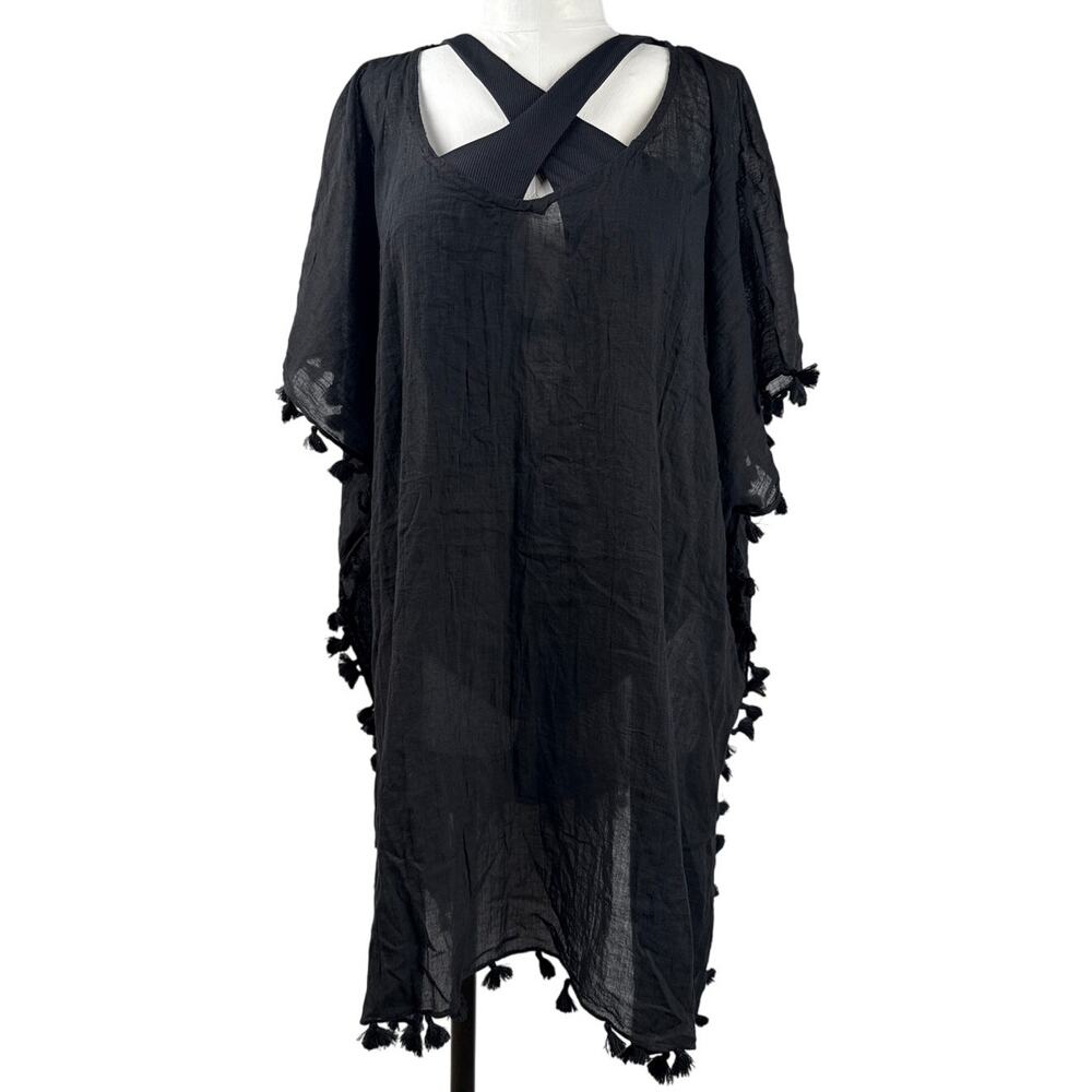 Seafolly Kaftan Cover Up Dress Tassel Trim Black One Size Pull Over